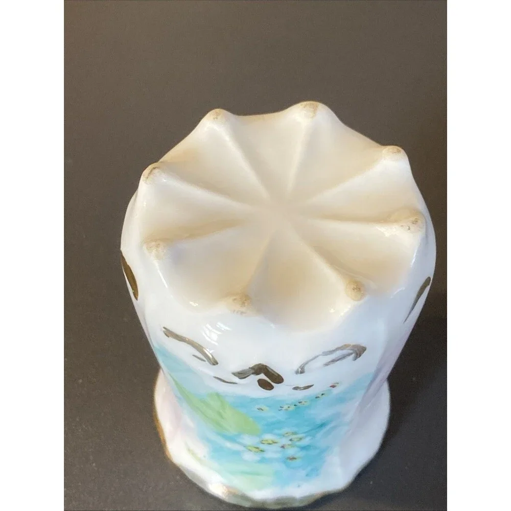 Vintage Toothpick Holder Floral Signed Janet Mock 2.5” Painted Footed